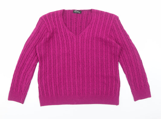 CHIC Womens Pink V-Neck Acrylic Pullover Jumper Size M