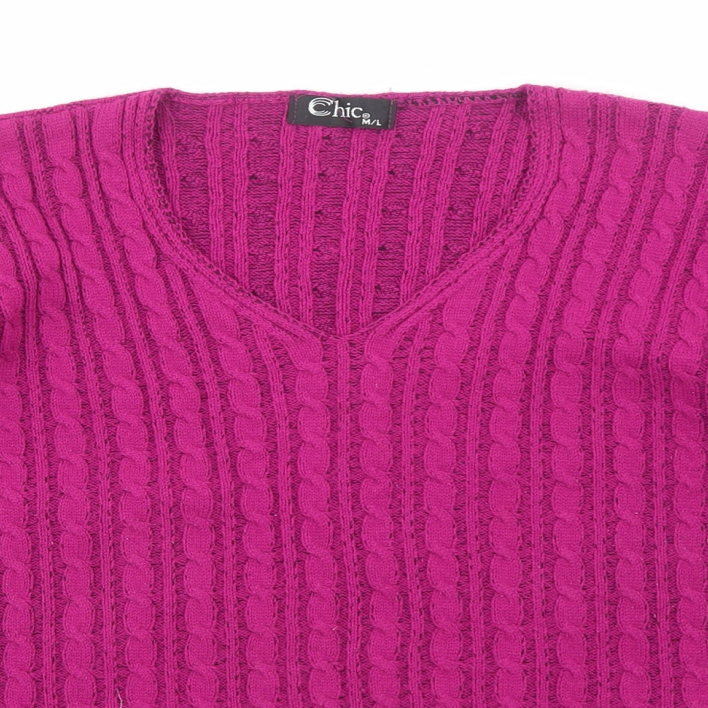 CHIC Womens Pink V-Neck Acrylic Pullover Jumper Size M