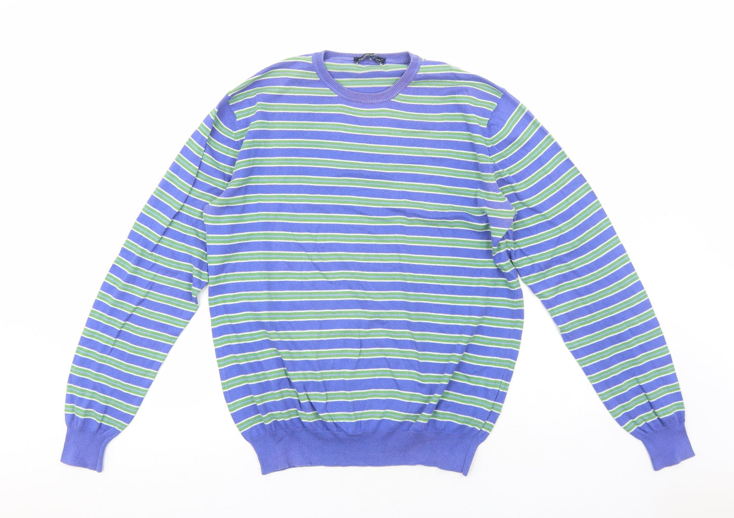 Oxford Company Womens Blue Round Neck Striped Acrylic Pullover Jumper Size L