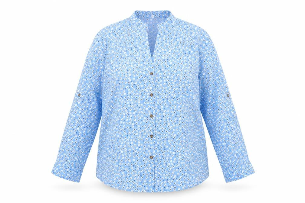 Preworn Womens Blue Floral Polyester Basic Button-Up Size 3XL V-Neck