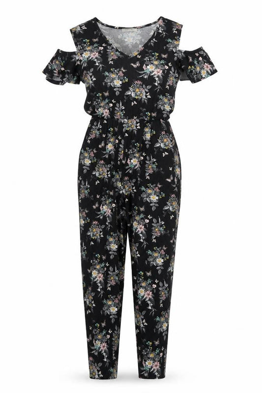 Oasis Womens Black Floral Viscose Jumpsuit One-Piece Size XS Pullover - Cold Shoulder