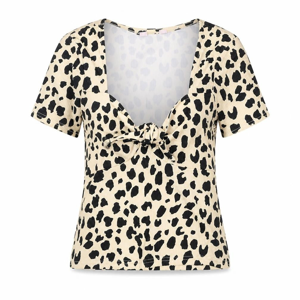 Miss Selfridge Womens Beige Animal Print Polyester Basic T-Shirt Size 8 V-Neck