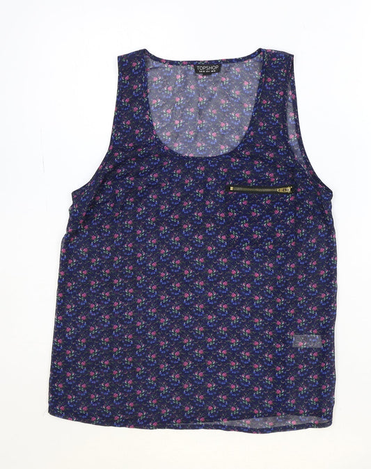 Topshop Womens Blue Geometric Polyester Basic Tank Size 10 Scoop Neck