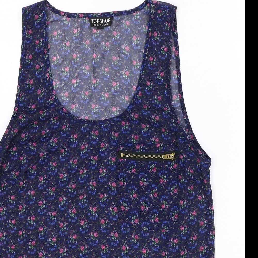 Topshop Womens Blue Geometric Polyester Basic Tank Size 10 Scoop Neck
