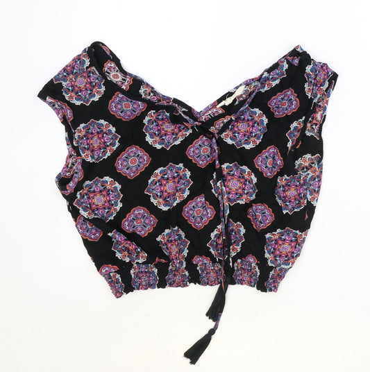 Paprika Womens Black Geometric Viscose Cropped Tank Size L V-Neck