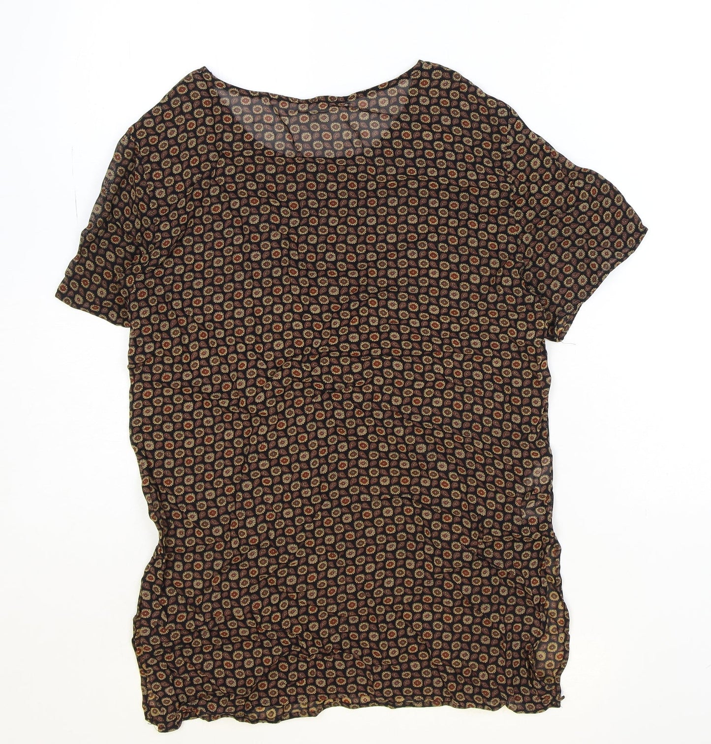 Marks and Spencer Womens Black Geometric Viscose Basic T-Shirt Size 8 Scoop Neck