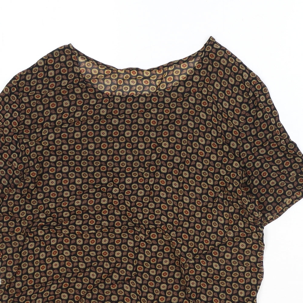 Marks and Spencer Womens Black Geometric Viscose Basic T-Shirt Size 8 Scoop Neck
