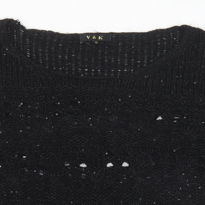 V & K Womens Black Round Neck Polyester Pullover Jumper Size 10