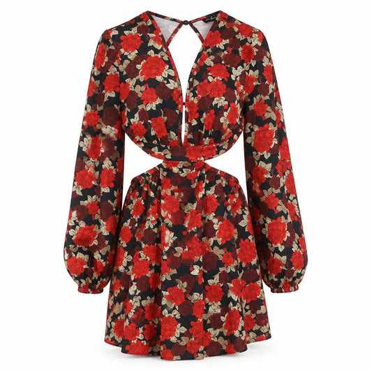 SheIn Womens Red Floral Polyester A-Line Size S V-Neck Tie - Open Back