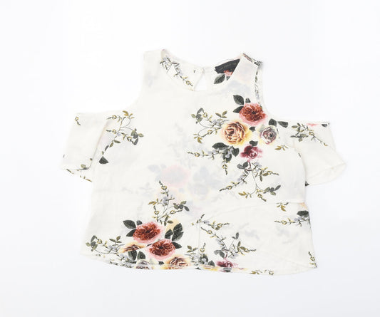 Love & Other Things Womens White Floral Polyester Basic Blouse Size 8 Round Neck - Cold Shoulder