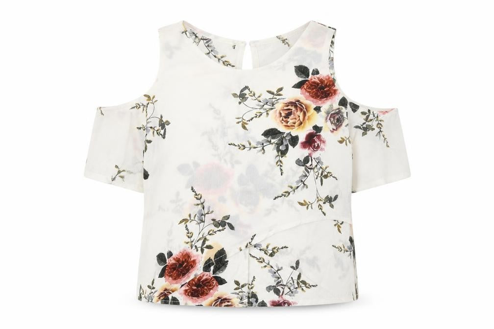 Love & Other Things Womens White Floral Polyester Basic Blouse Size 8 Round Neck - Cold Shoulder