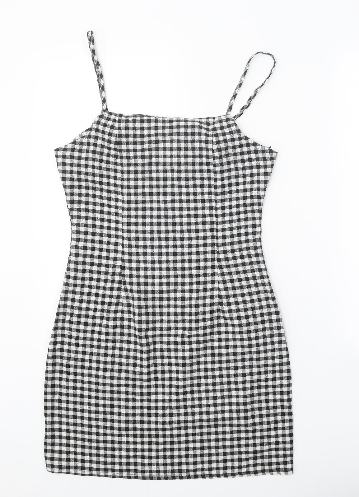 Preworn Womens Black Gingham Polyester Tank Dress Size S Round Neck Zip