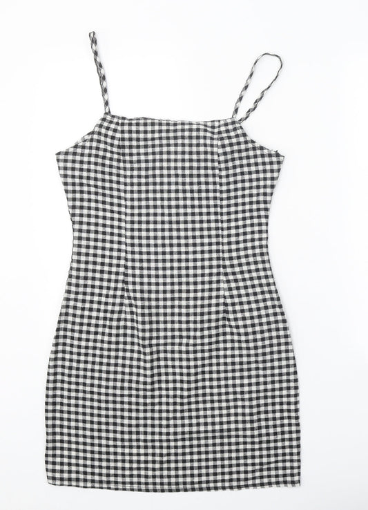 Preworn Womens Black Gingham Polyester Tank Dress Size S Round Neck Zip