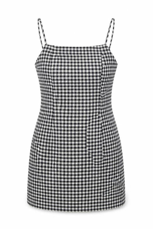 Womens Black Gingham Polyester Tank Dress Size S Round Neck Zip
