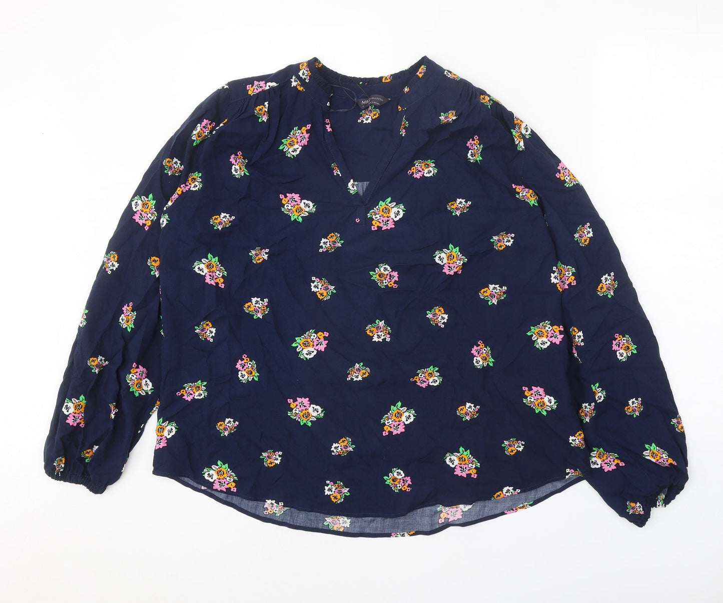 Marks and Spencer Womens Blue Floral Viscose Basic Blouse Size 8 V-Neck