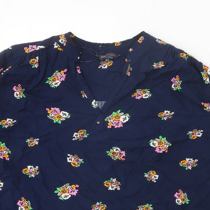 Marks & Spencer Womens Blue Floral Viscose Basic Blouse Size 8 V-Neck