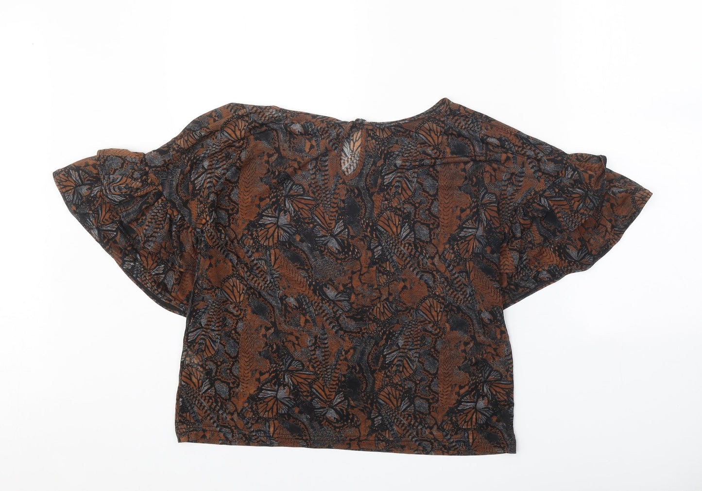 Topshop Womens Brown Geometric Polyester Cropped T-Shirt Size 10 Boat Neck - Butterfly