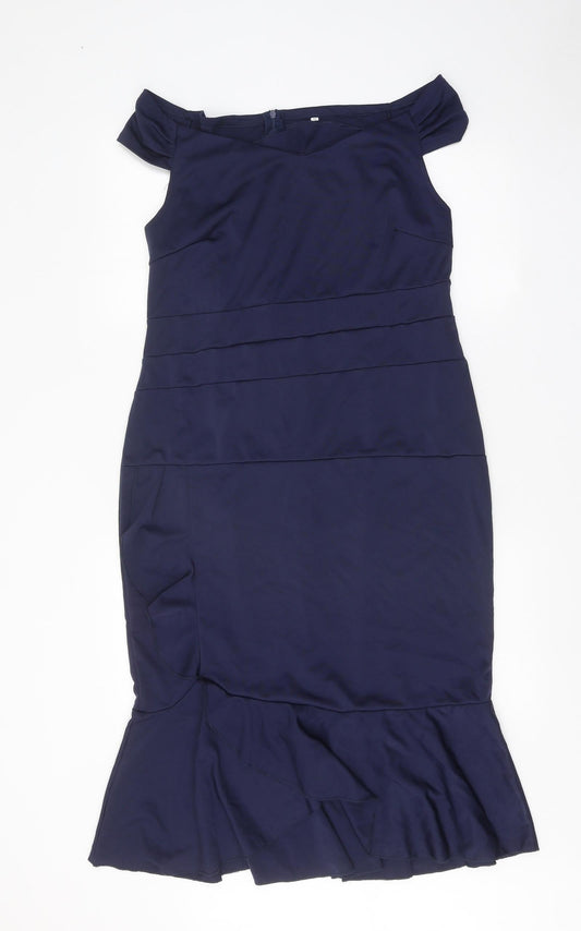 Preworn Womens Blue Polyester Pencil Dress Size 2XL Boat Neck Zip - Drop hem