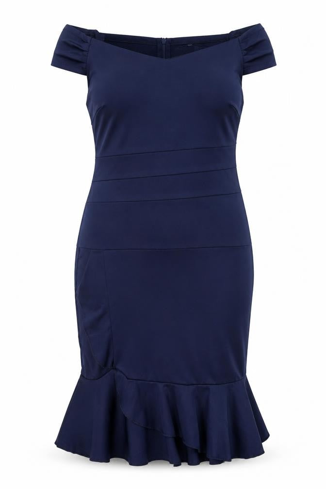 Preworn Womens Blue Polyester Pencil Dress Size 2XL Boat Neck Zip - Drop hem