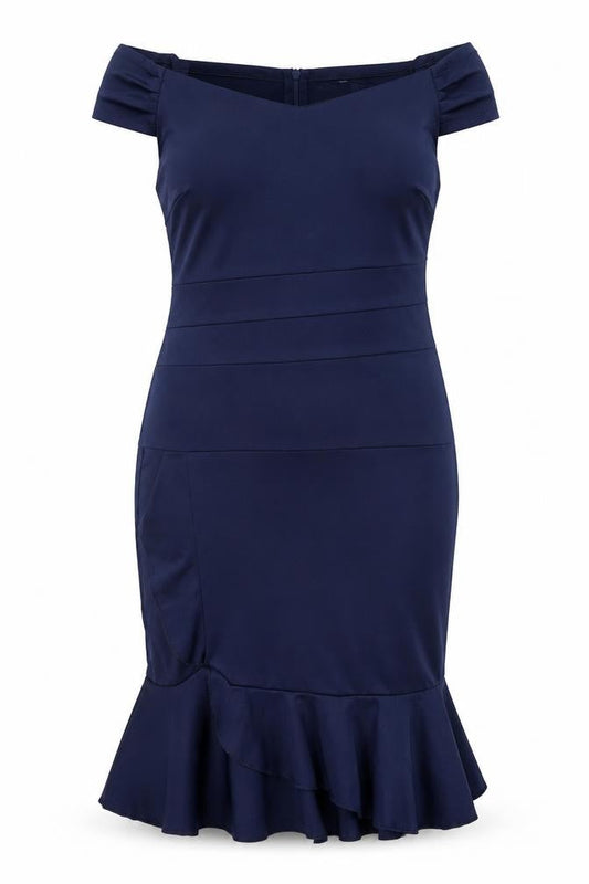 Womens Blue Polyester Pencil Dress Size 2XL Boat Neck Zip - Drop hem