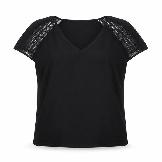 Laura Clement Womens Black Polyester Basic T-Shirt Size 12 V-Neck - Lace Sleeve Detail