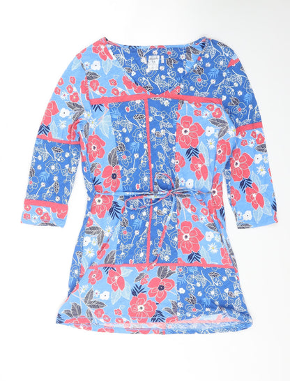Womens Blue Floral Cotton A-Line Size 12 V-Neck Pullover