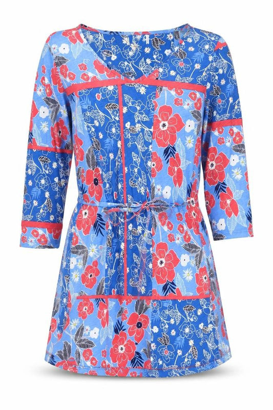 Womens Blue Floral Cotton A-Line Size 12 V-Neck Pullover