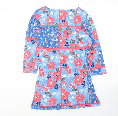 Womens Blue Floral Cotton A-Line Size 12 V-Neck Pullover