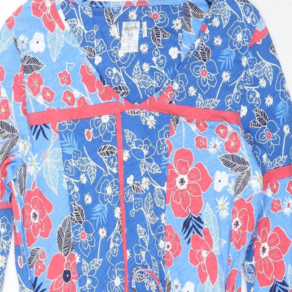 Womens Blue Floral Cotton A-Line Size 12 V-Neck Pullover
