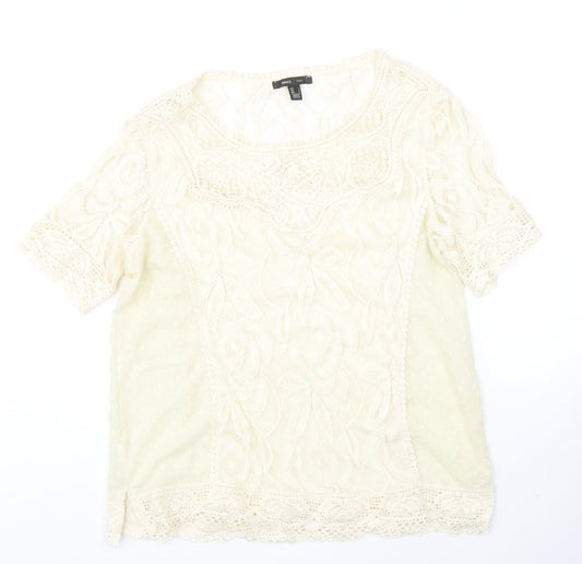 Mango Womens Ivory Polyester Basic Blouse Size L Round Neck - Crochet Detail