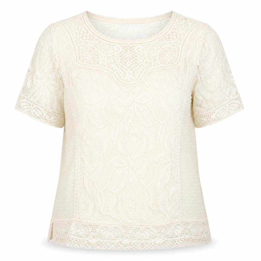 Mango Womens Ivory Polyester Basic Blouse Size L Round Neck - Crochet Detail