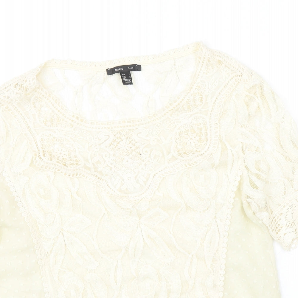 Mango Womens Ivory Polyester Basic Blouse Size L Round Neck - Crochet Detail