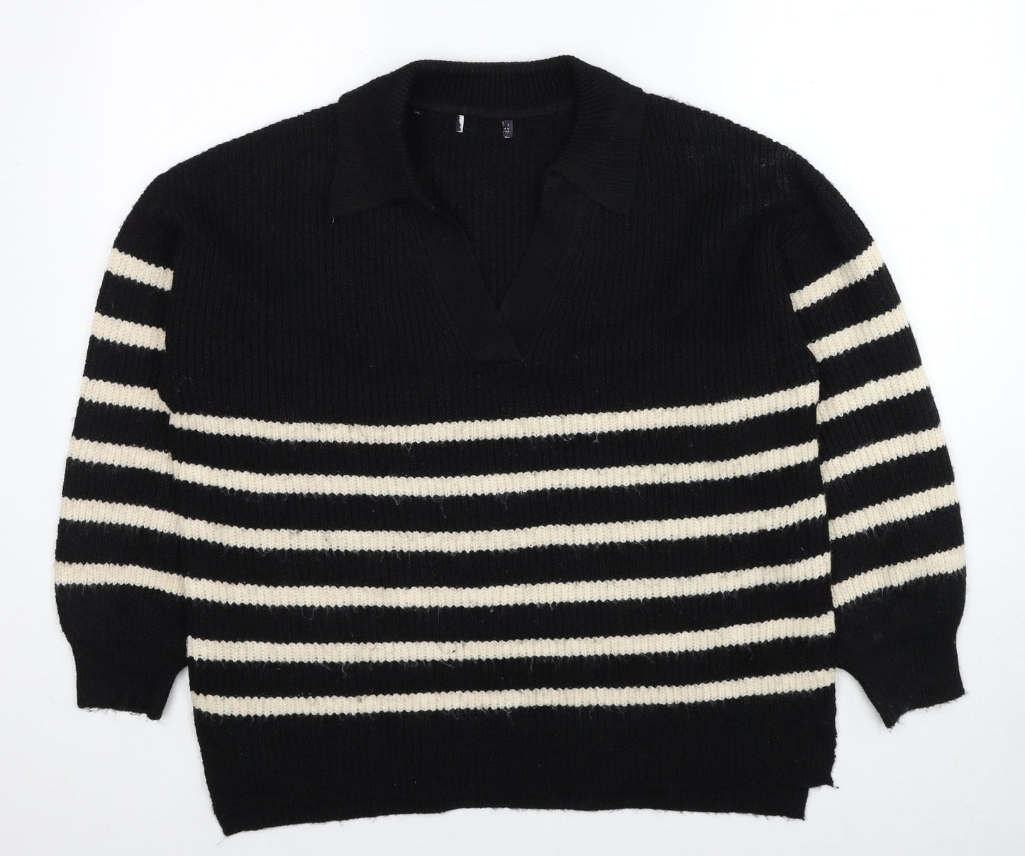 Marks and Spencer Womens Black V-Neck Striped Polyester Pullover Jumper Size L