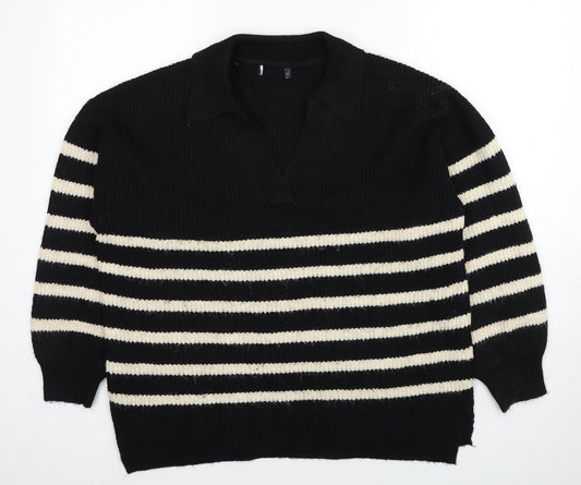Marks and Spencer Womens Black V-Neck Striped Polyester Pullover Jumper Size L