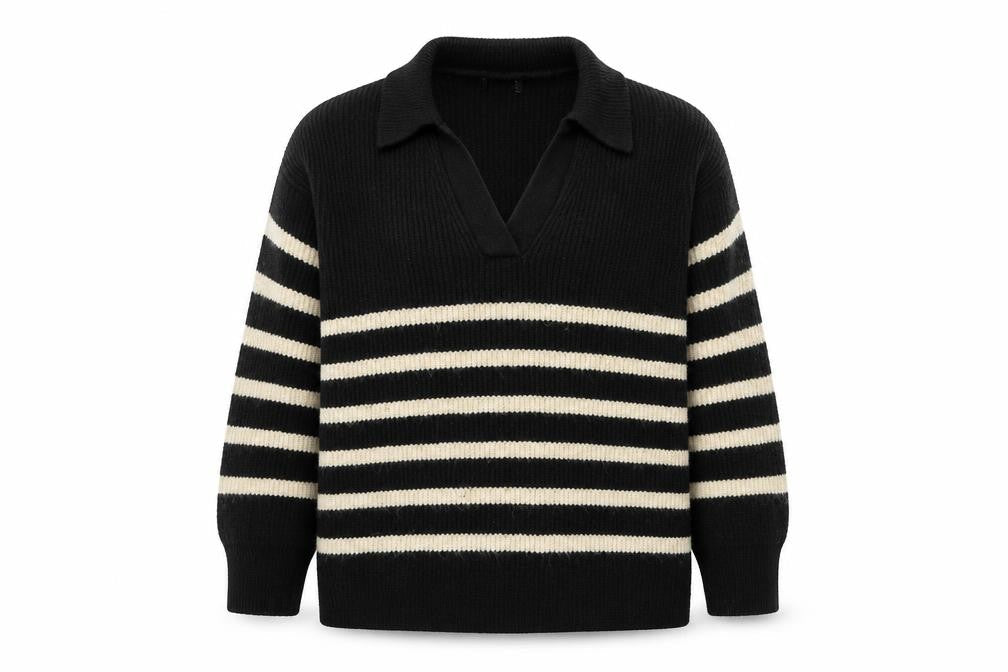 Marks & Spencer Womens Black V-Neck Striped Polyester Pullover Jumper Size L