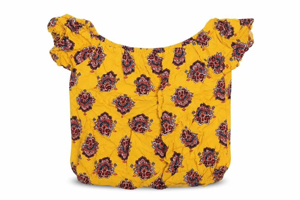 Preworn Womens Yellow Geometric Viscose Basic Blouse Size 12 Off the Shoulder