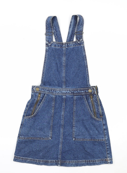 Cooperative Womens Blue Cotton Pinafore/Dungaree Dress Size S Square Neck Button