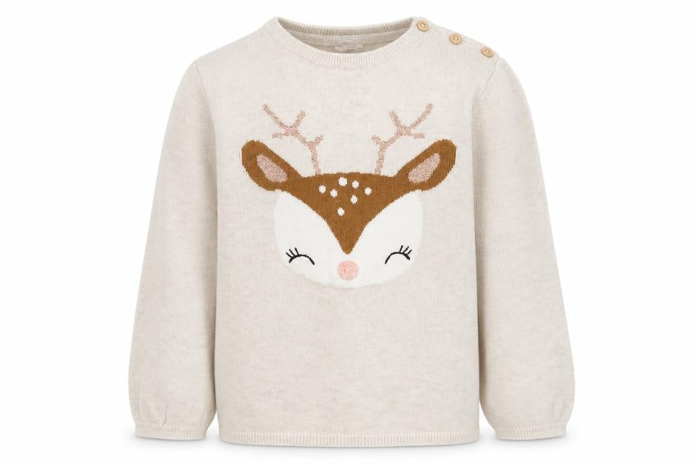 H&M Girls Beige Round Neck Cotton Pullover Jumper Size 2XS Pullover - Reindeer
