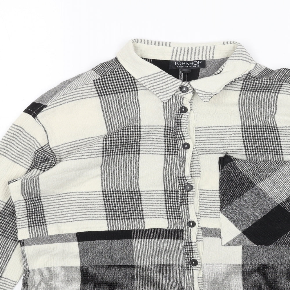 Topshop Womens Black Plaid Viscose Basic Button-Up Size 10 Collared