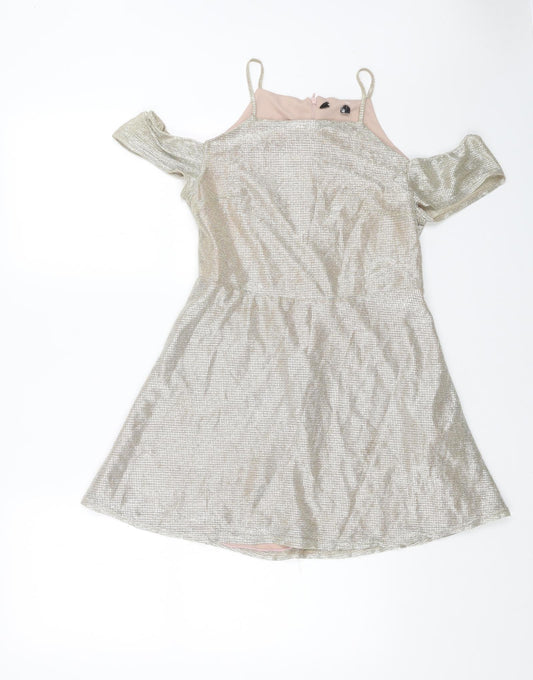 New Look Girls Gold Polyester Fit & Flare Size 15 Years Square Neck Zip - Cold Shoulder