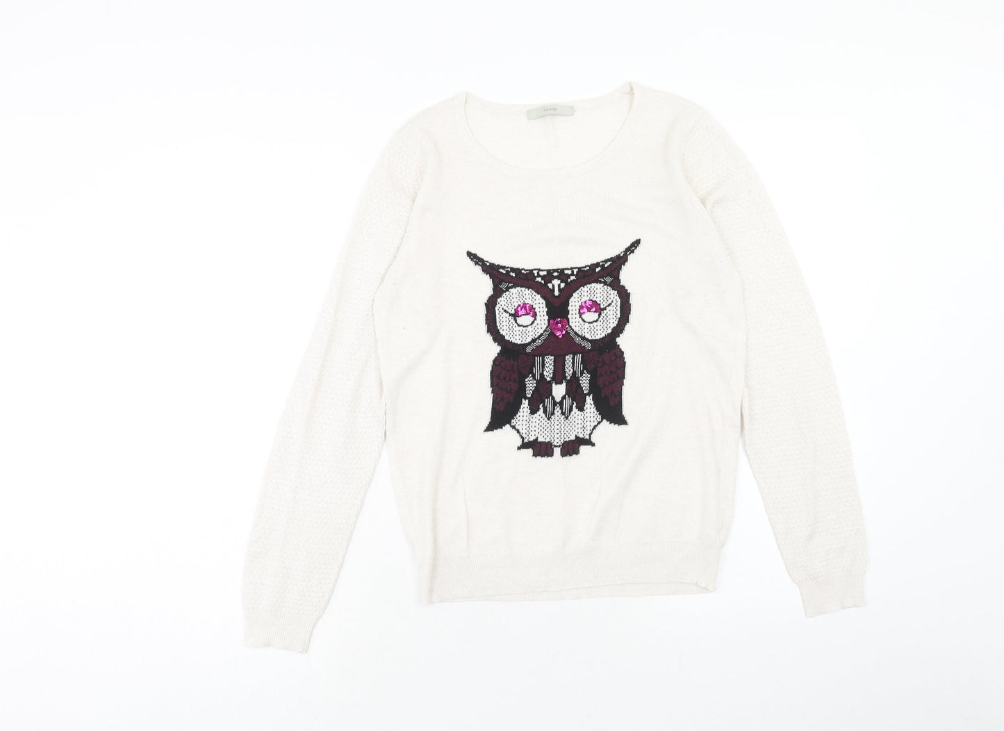 George Womens Beige Round Neck Polyester Pullover Jumper Size 10 - Owl Detail