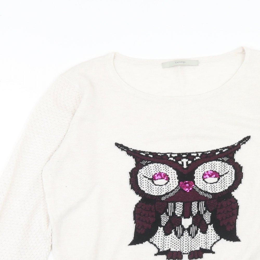 George Womens Beige Round Neck Polyester Pullover Jumper Size 10 - Owl Detail