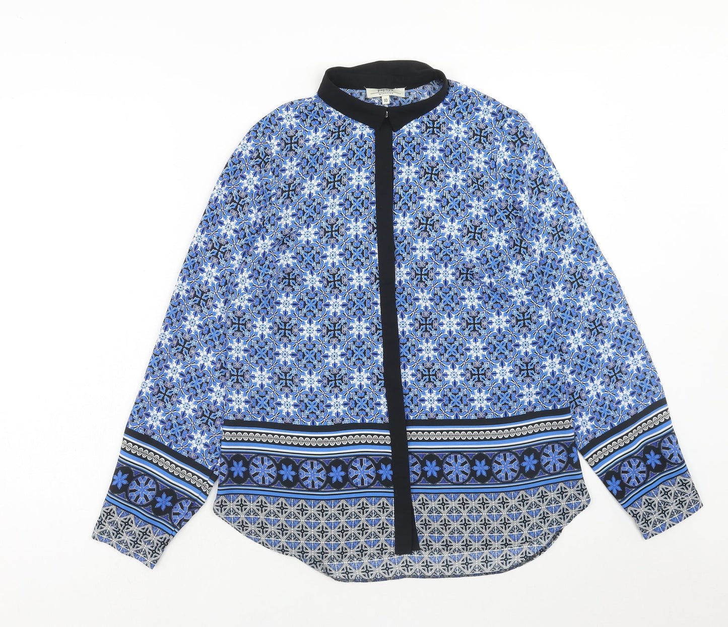 Papaya Womens Blue Geometric Polyester Basic Blouse Size 10 Collared