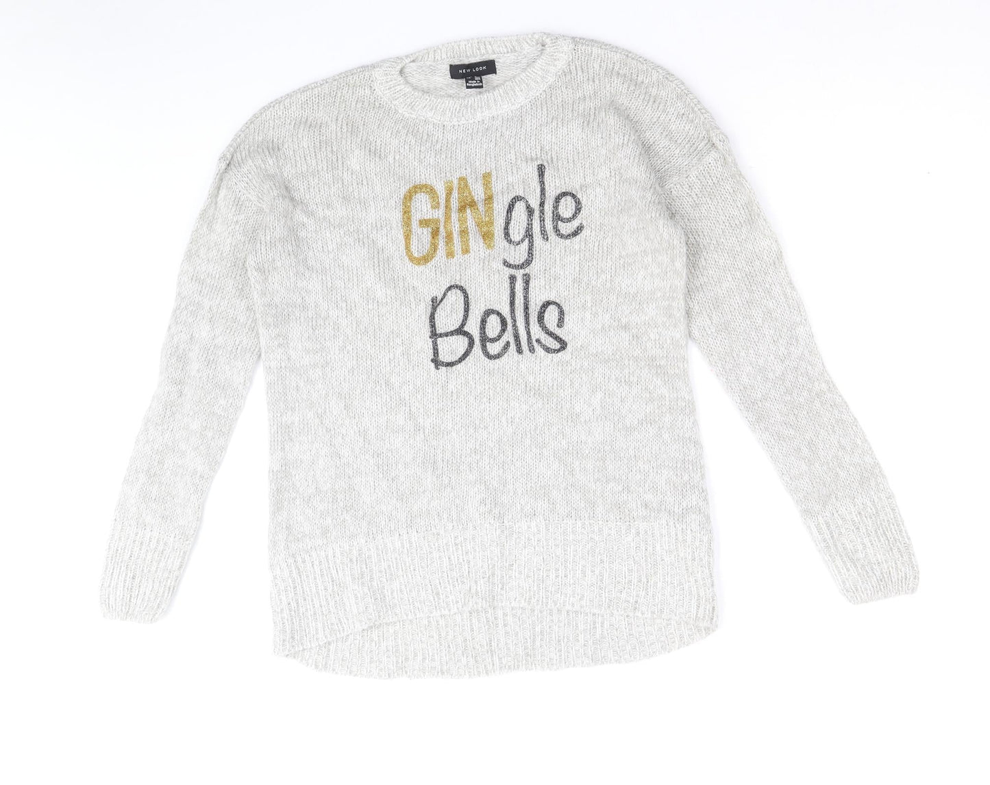 New Look Womens Grey Round Neck Acrylic Pullover Jumper Size S - Gingle Bells