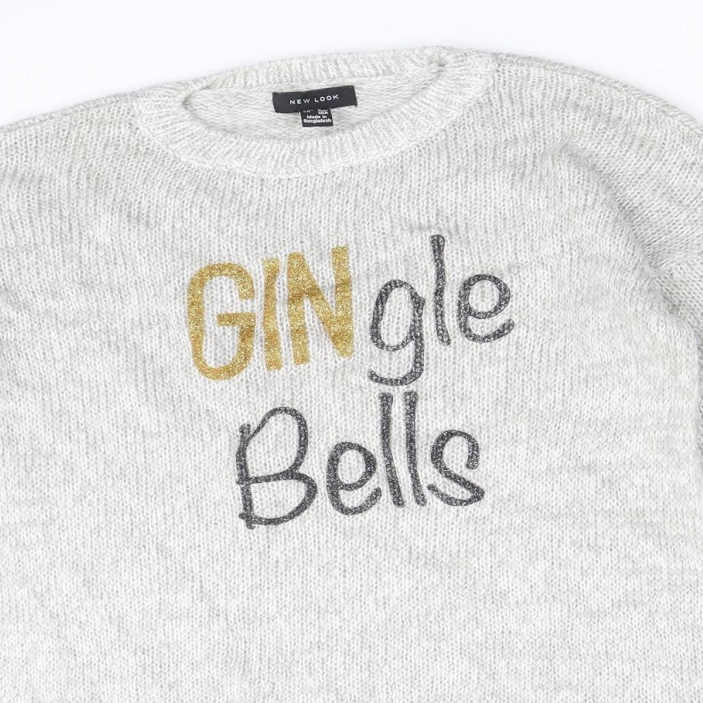 New Look Womens Grey Round Neck Acrylic Pullover Jumper Size S - Gingle Bells