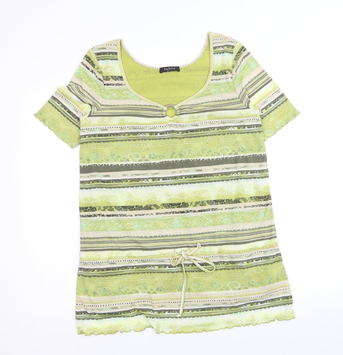 Via Appia Womens Green Geometric Polyester Basic T-Shirt Size 14 Square Neck - Ring Detail