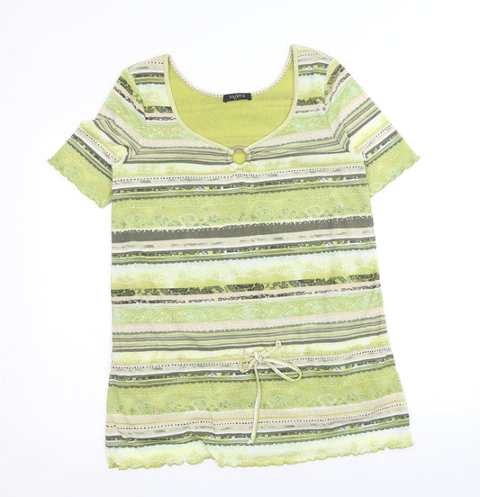 Via Appia Womens Green Geometric Polyester Basic T-Shirt Size 14 Square Neck - Ring Detail