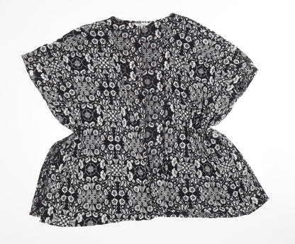 Peacocks Womens Black Geometric Viscose Basic Blouse Size M Round Neck
