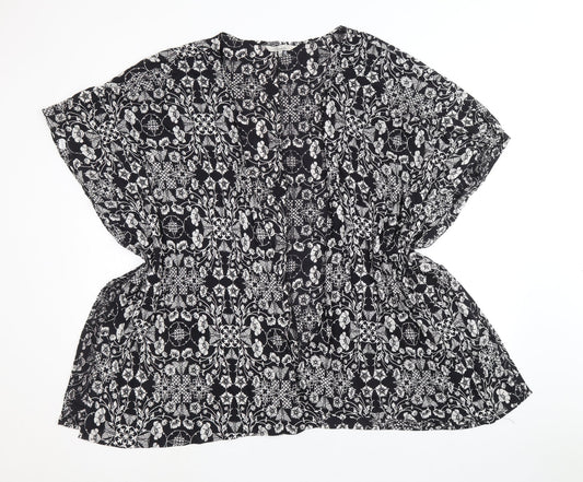 Peacocks Womens Black Geometric Viscose Basic Blouse Size M Round Neck