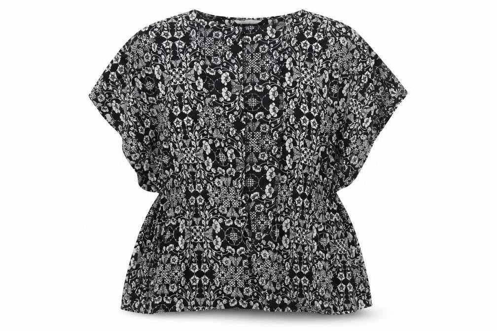 Peacocks Womens Black Geometric Viscose Basic Blouse Size M Round Neck